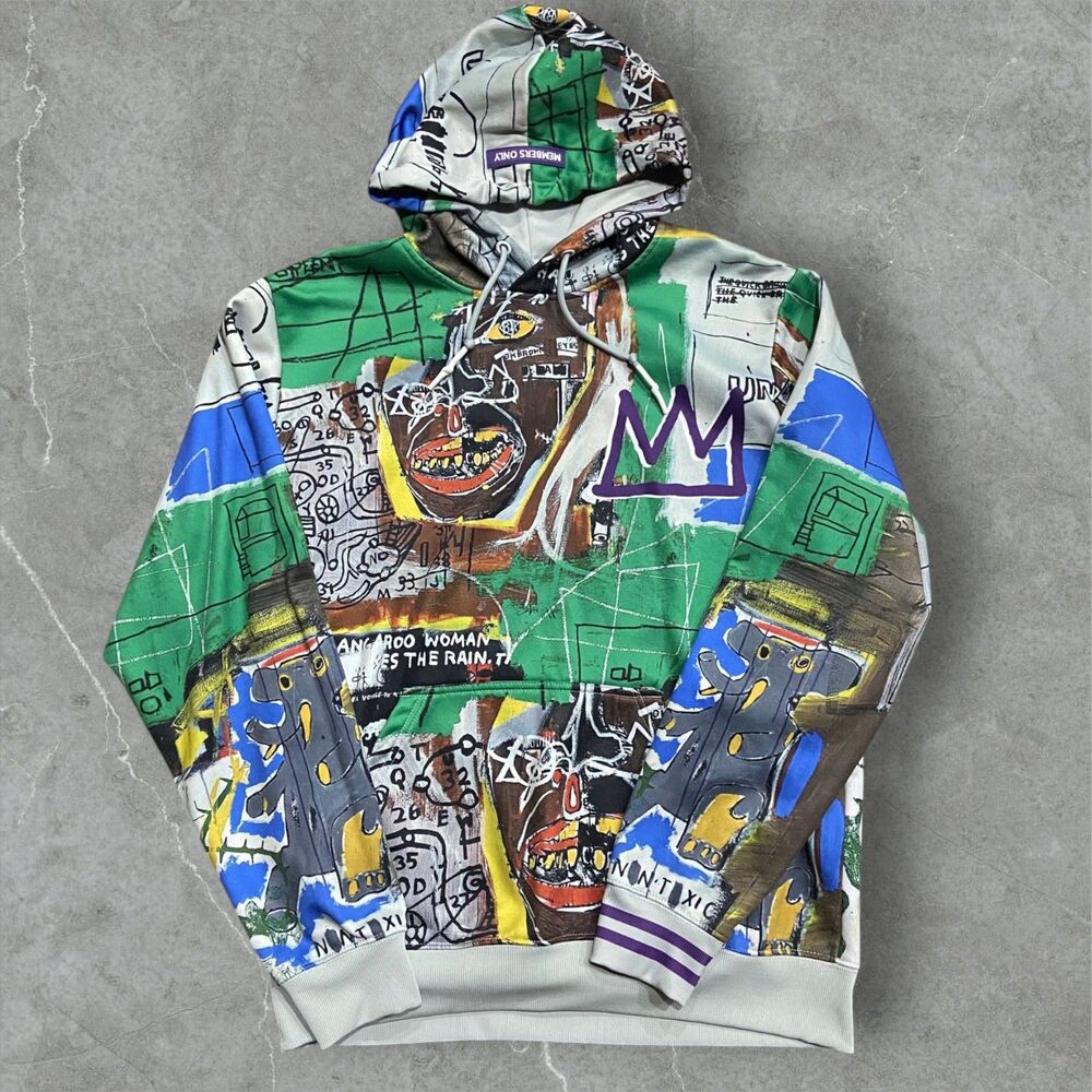 Members Only x Basquiat AOP Graffiti Elephant Print Pullover Hoodie Men's Size M
